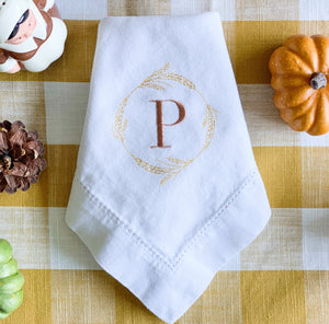 Wheat Wreath Embroidered Dinner Napkins | Thanksgiving Table Decor | Fall Table Setting