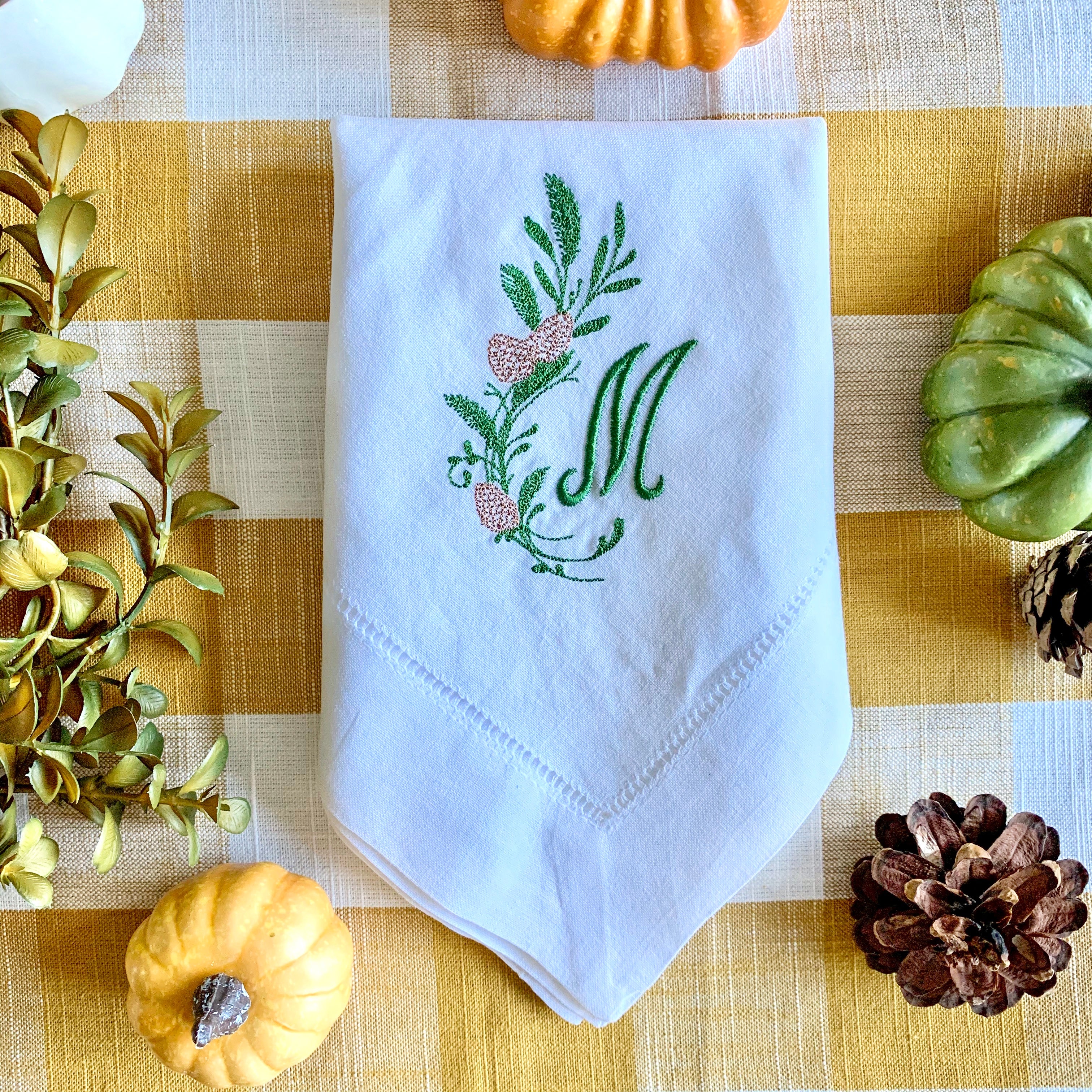 Leaf Wreath Monogrammed Embroidered Cloth Napkins - Set of 4 napkins