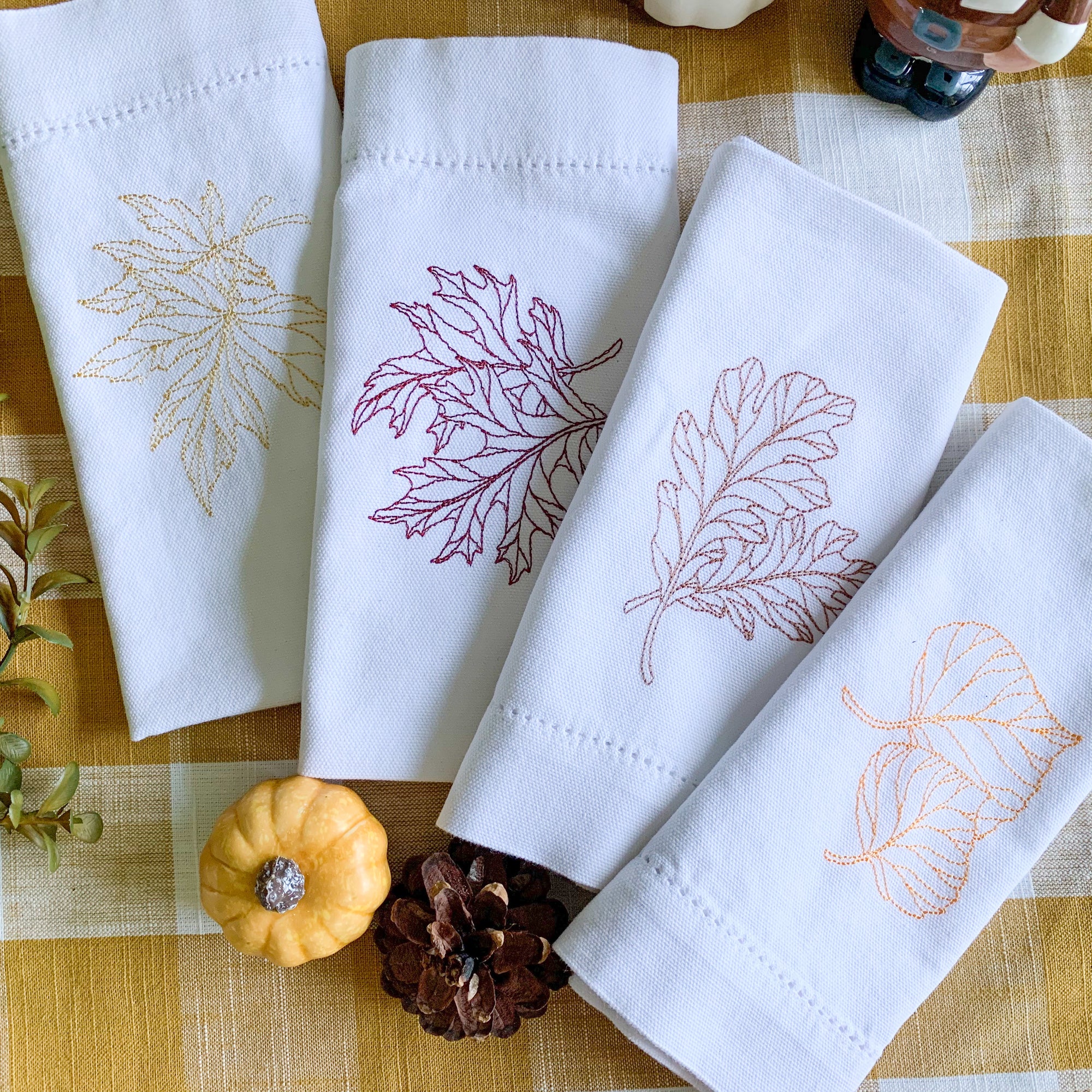 Fall Foliage, Set of 4 Embroidered Napkins