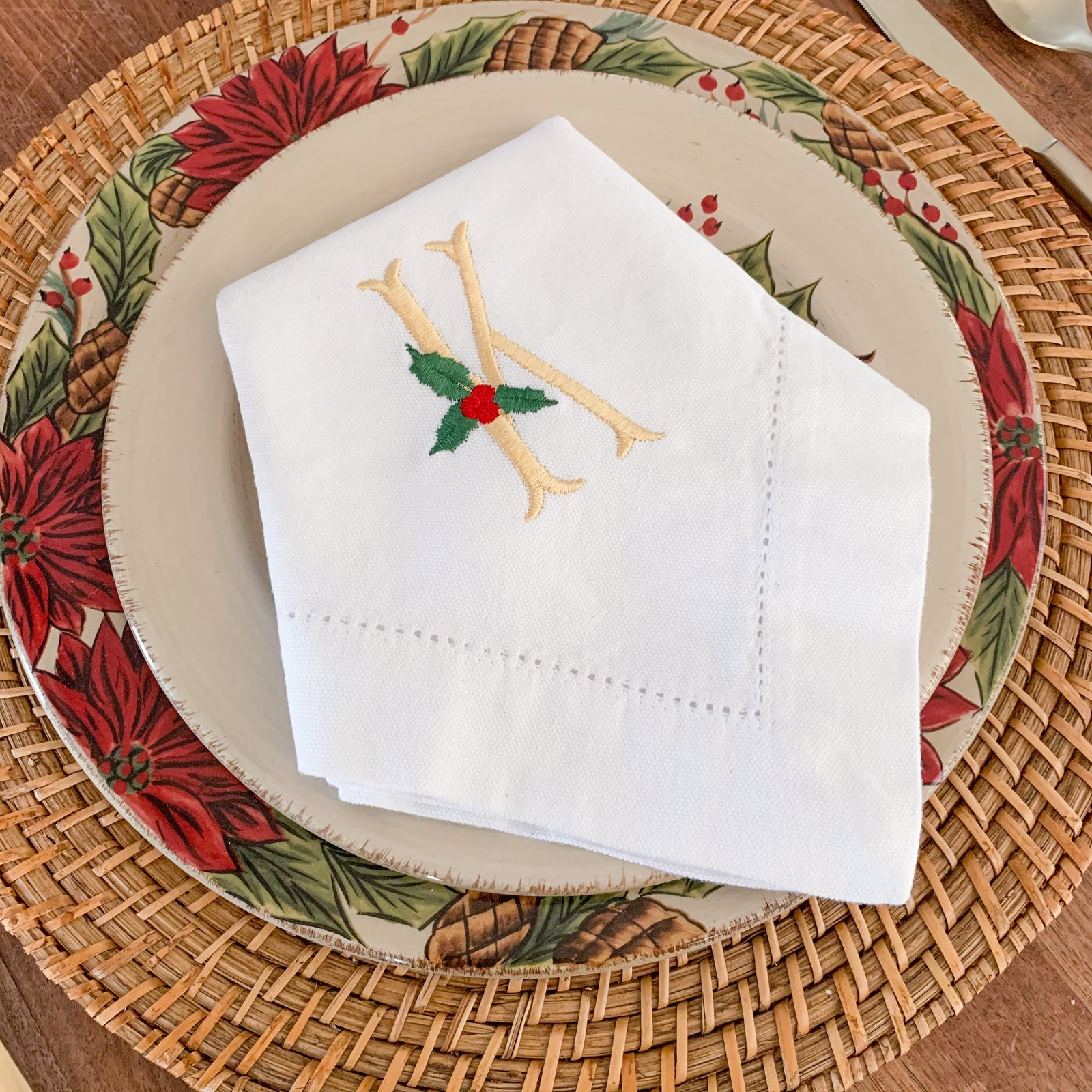 Holly Leaf Embroidered Dinner Napkins