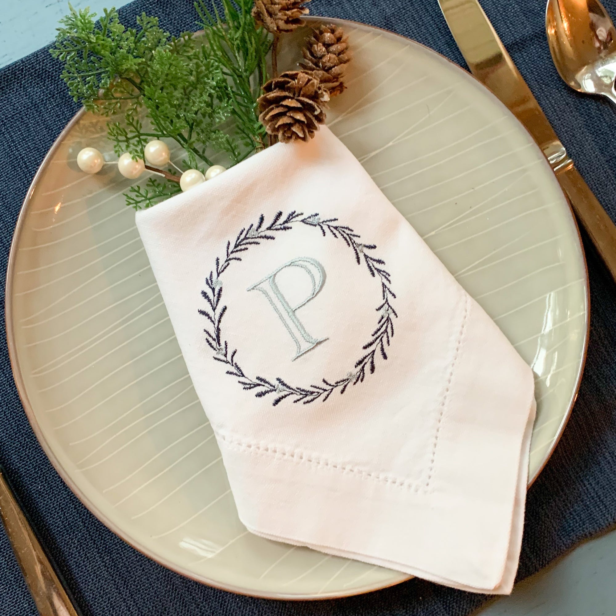 Holly Wreath Embroidered Dinner Napkins