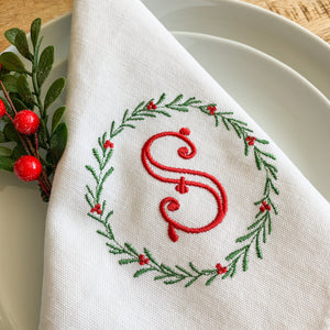 Holly Wreath Embroidered Dinner Napkins
