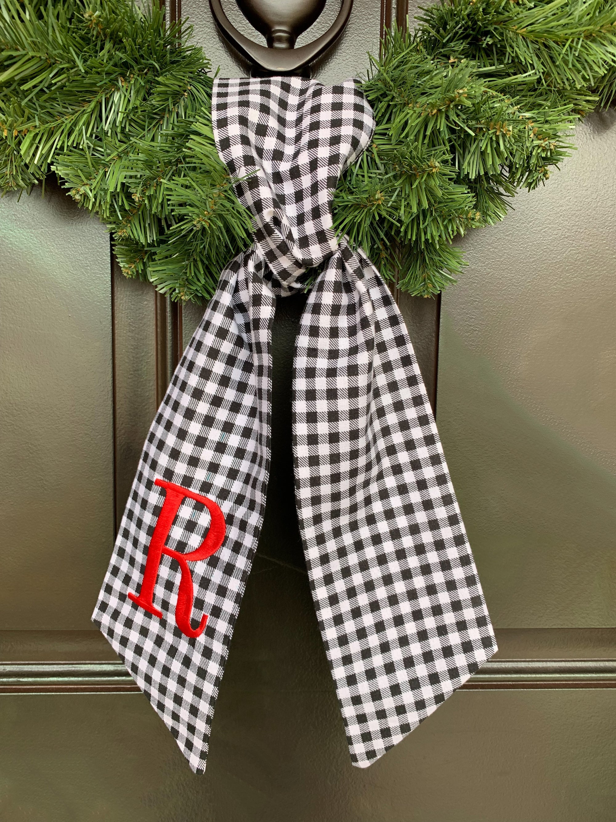 Black Gingham Wreath Wrap - Custom Embroidered, Holiday, Bridal Shower, Gameday Decor & More