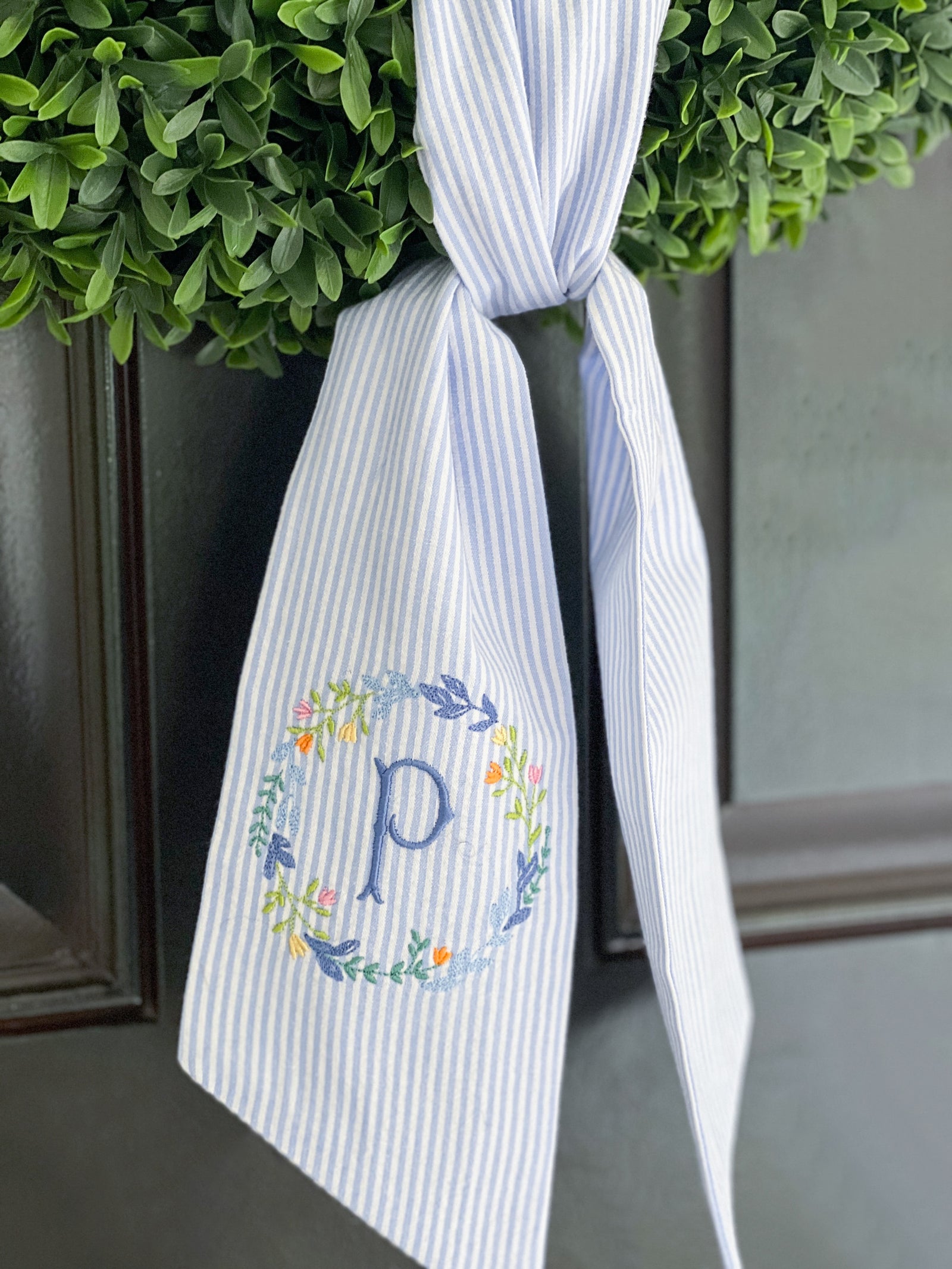 Blue Seersucker Wreath Wrap | Custom Embroidered | Spring, Easter, Bridal Shower Decor | Door Decor