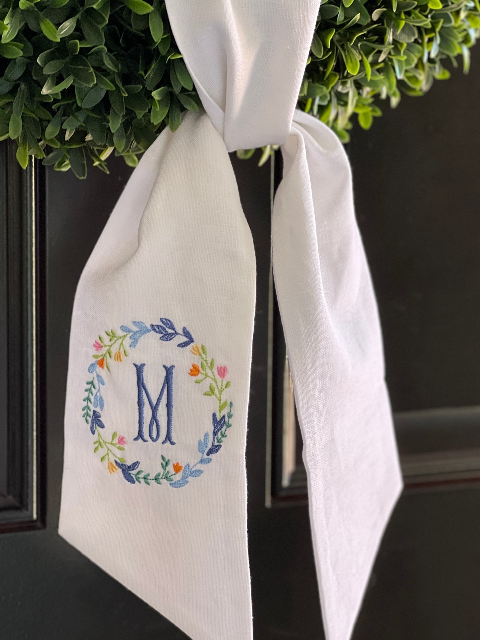 White Linen Wreath Wrap - Custom Embroidered | Bridal Shower Decor | Housewarming Gift | Wedding Door Decor