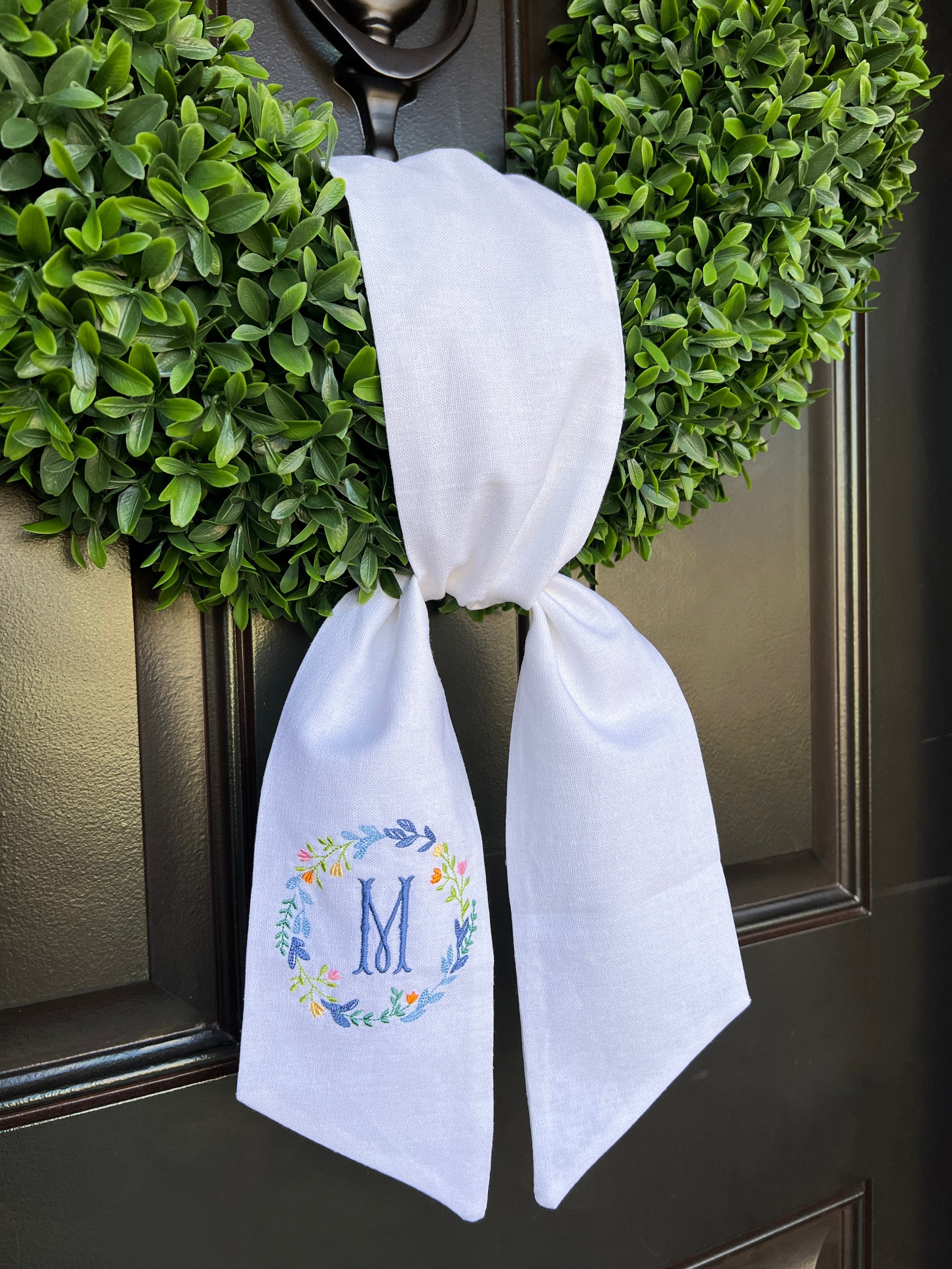White Linen Wreath Wrap - Custom Embroidered | Bridal Shower Decor | Housewarming Gift | Wedding Door Decor
